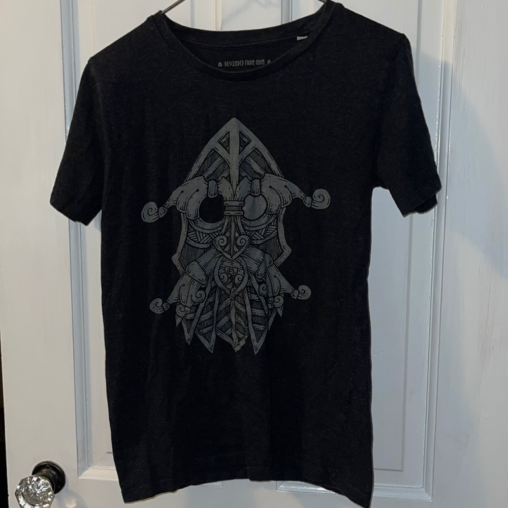 Descended from odin mask unisex t shirt. Womens xxs=mens xs
